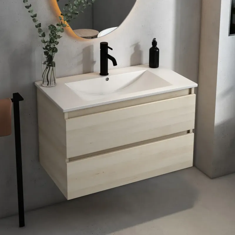 Fontana Rovigo badmeubel 80cm met witte wastafel en kraangat beach eiken Tijdelijk Beschikbaar