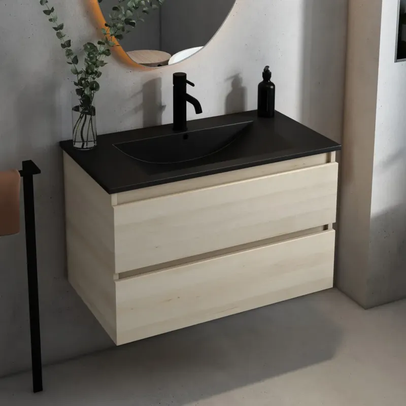 Hoge Kwaliteit Fontana Rovigo badmeubel 80cm met zwarte wastafel en kraangat beach eiken