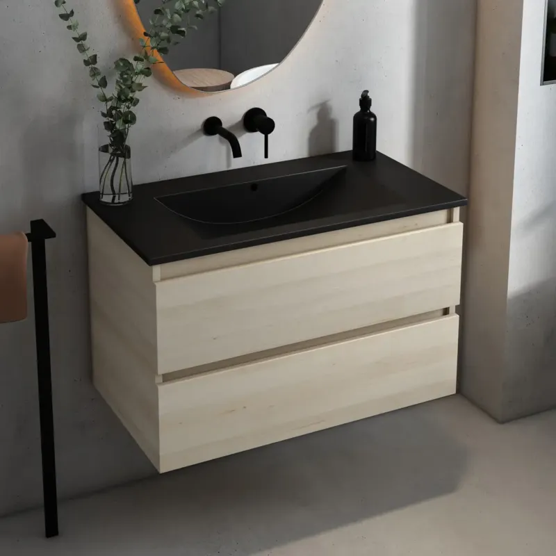 Laatste Kans Fontana Rovigo badmeubel 80cm met zwarte wastafel zonder kraangat beach eiken