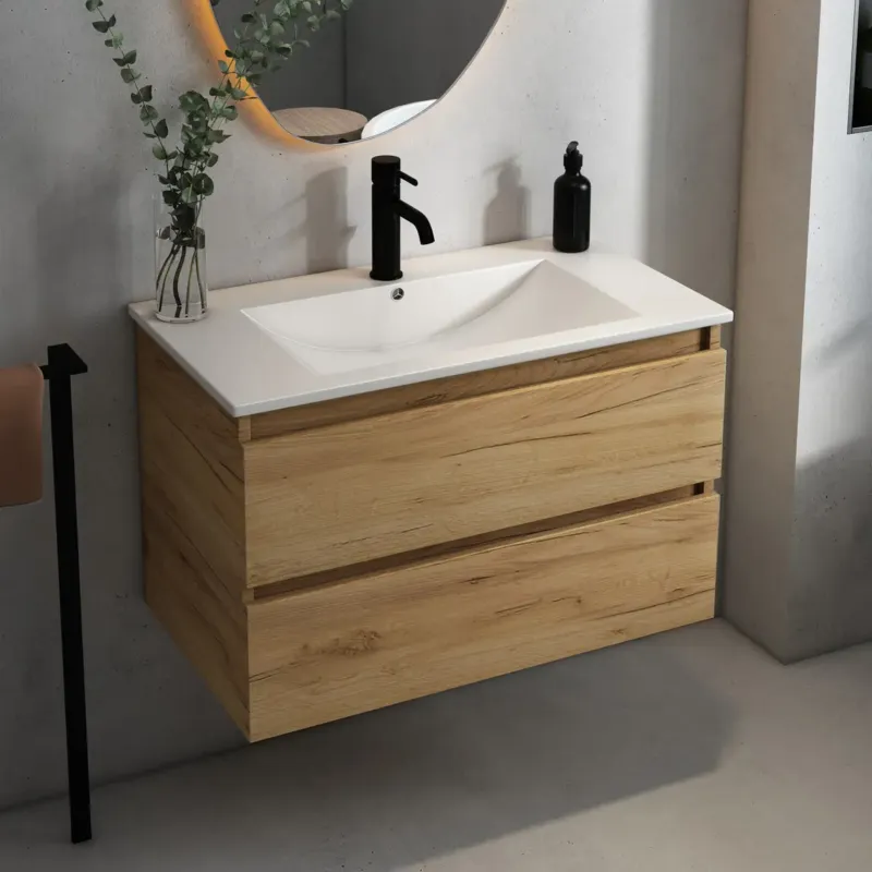 Hete Deal Fontana Rovigo badmeubel 80cm met witte wastafel en kraangat warm eiken