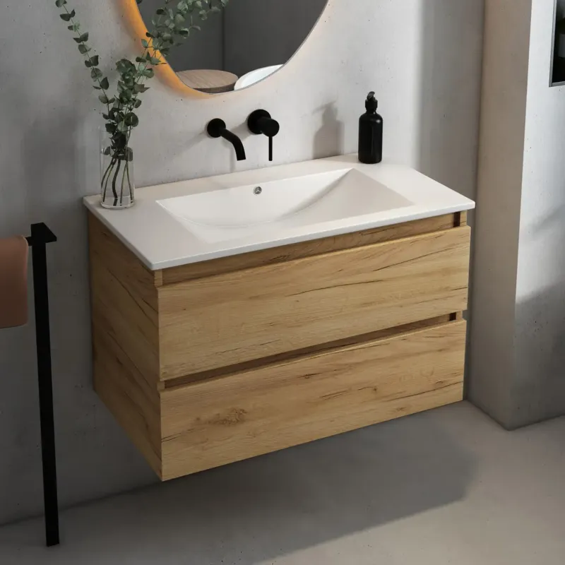 Fontana Rovigo badmeubel 80cm met witte wastafel zonder kraangat warm eiken Tijdelijk Beschikbaar