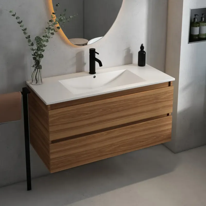 Fontana Rovigo badmeubel 100cm met witte wastafel en kraangat walnoot Veilige Betaling