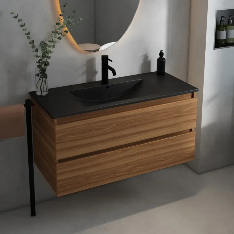 Fontana Rovigo badmeubel 100cm met zwarte wastafel en kraangat walnoot Uitverkoop