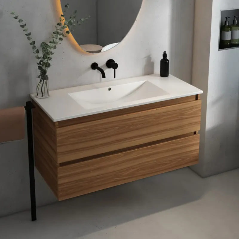 Koop Online Fontana Rovigo badmeubel 100cm met witte wastafel zonder kraangat walnoot