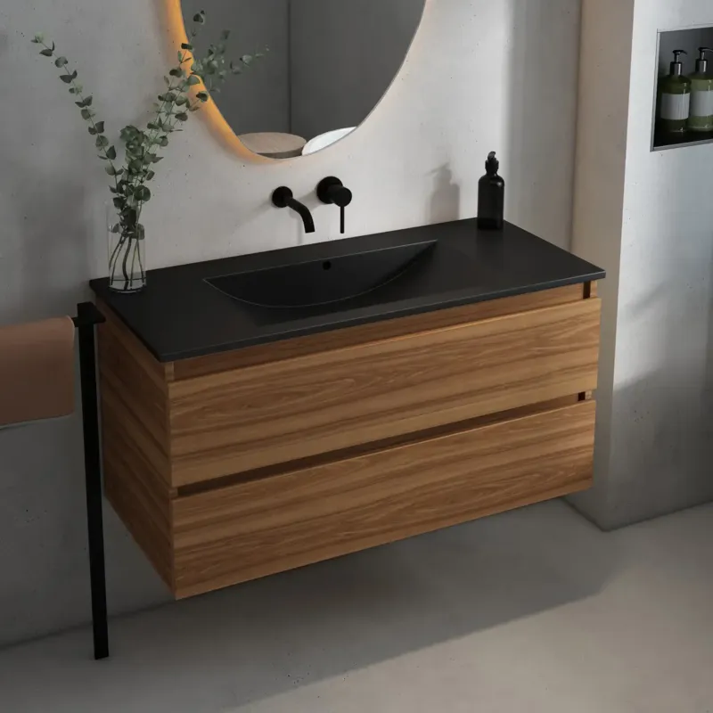 Weekendaanbieding Fontana Rovigo badmeubel 100cm met zwarte wastafel zonder kraangat walnoot
