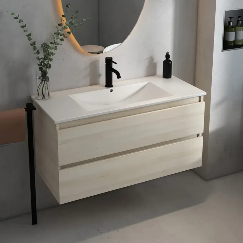 Fontana Rovigo badmeubel 100cm met witte wastafel en kraangat beach eiken Lage Kosten