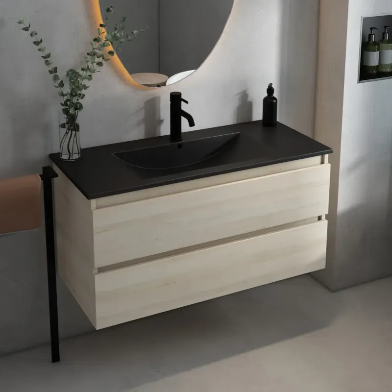 Fontana Rovigo badmeubel 100cm met zwarte wastafel en kraangat beach eiken Favoriet