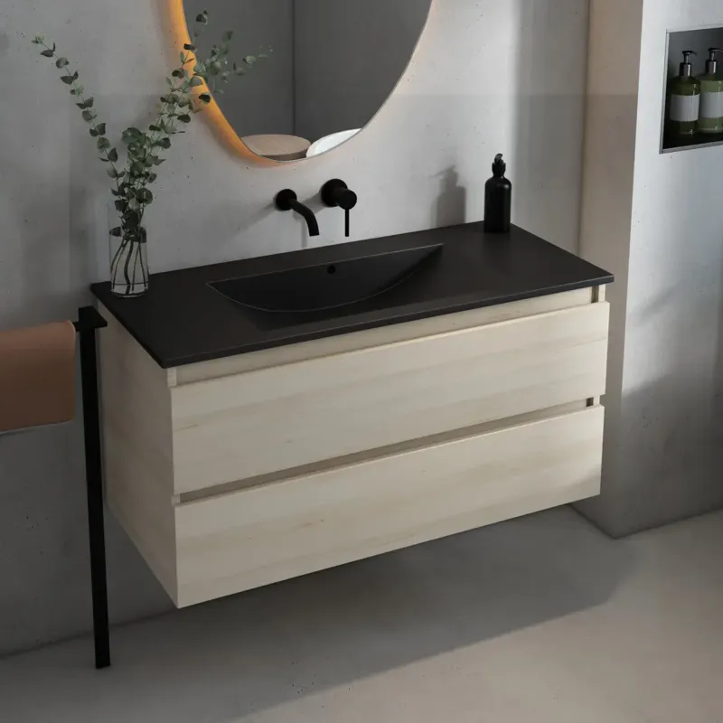 Korting Fontana Rovigo badmeubel 100cm met zwarte wastafel zonder kraangat beach eiken