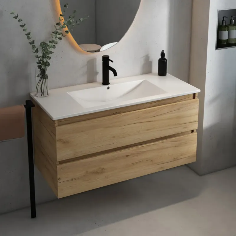 Fontana Rovigo badmeubel 100cm met witte wastafel en kraangat warm eiken Favoriet