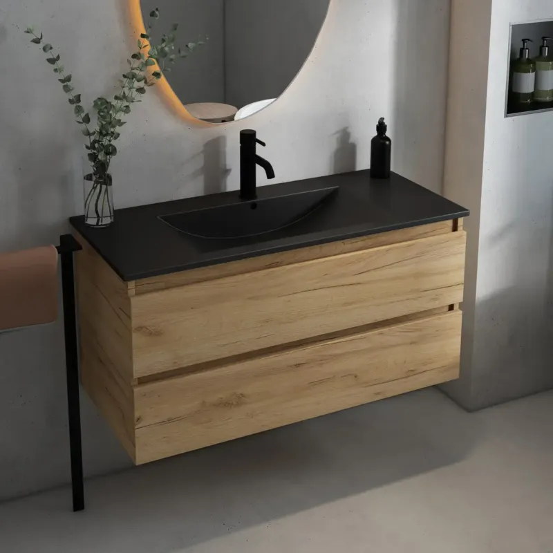 Fontana Rovigo badmeubel 100cm met zwarte wastafel en kraangat warm eiken Direct Verzonden