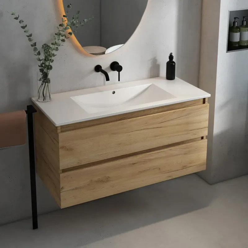 Fontana Rovigo badmeubel 100cm met witte wastafel zonder kraangat warm eiken Superprijs