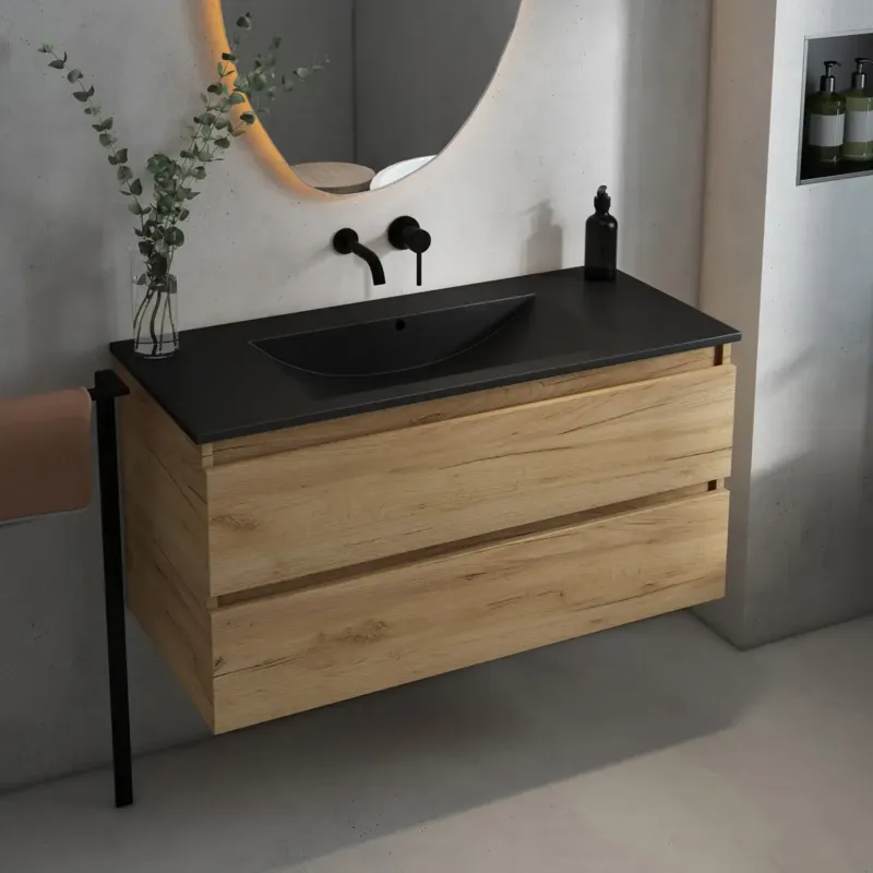 Veilige Betaling Fontana Rovigo badmeubel 100cm met zwarte wastafel zonder kraangat warm eiken