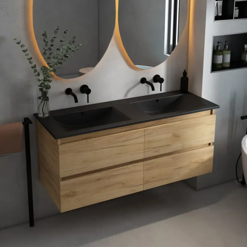 Express Levering Fontana Rovigo badmeubel 120cm met zwarte wastafel zonder kraangaten warm eiken