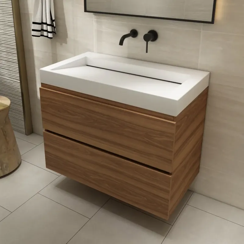 Veilige Betaling Fontana Elena badkamermeubel 80cm walnoot met solid surface wastafel zonder kraangat