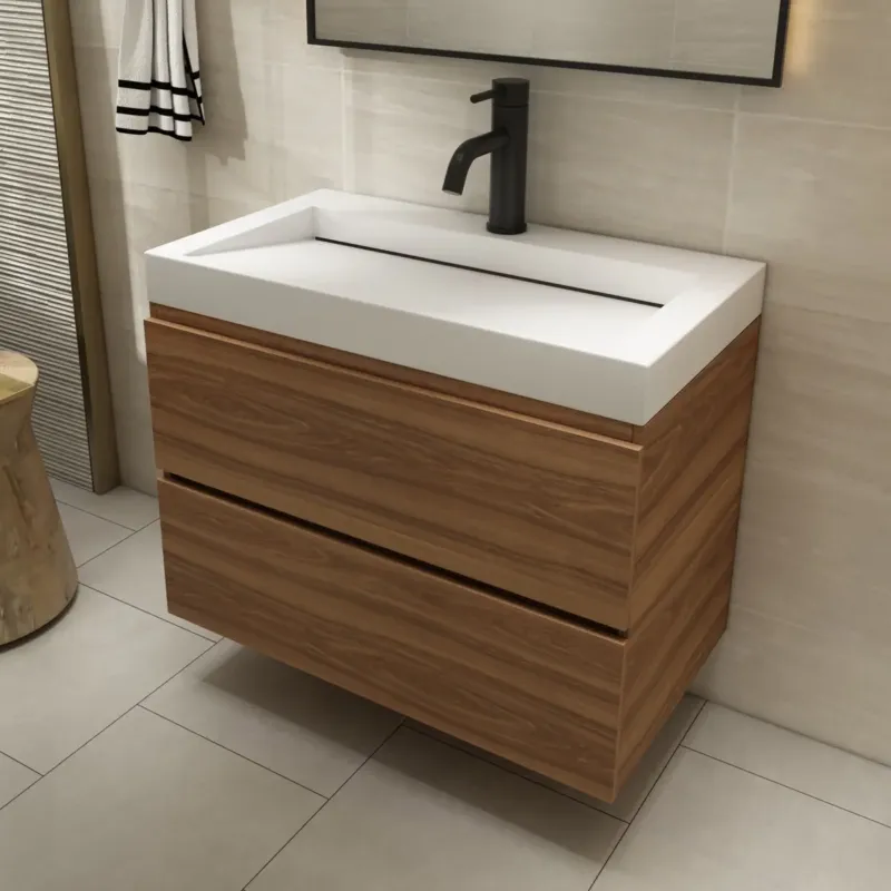 Fontana Elena badkamermeubel 80cm walnoot met solid surface wastafel 1 kraangat Laatste Kans