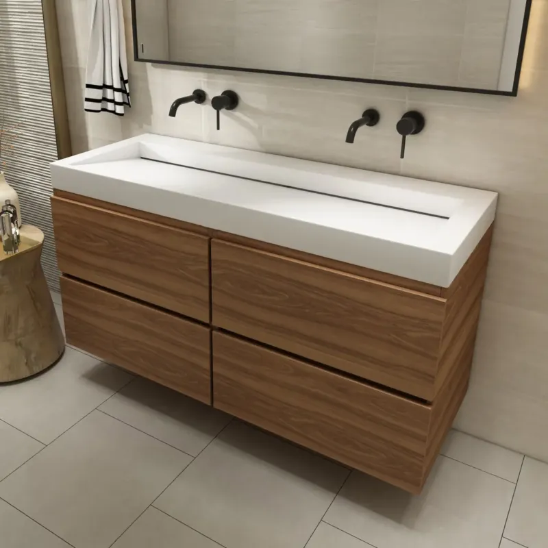 Weekendaanbieding Fontana Elena badkamermeubel 120cm walnoot met solid surface wastafel zonder kraangaten