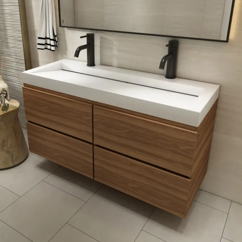 Superprijs Fontana Elena badkamermeubel 120cm walnoot met solid surface wastafel 2 kraangaten