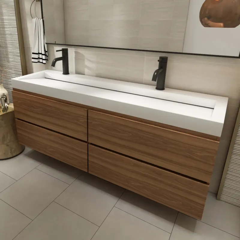 Hoge Kwaliteit Fontana Elena badkamermeubel 160cm walnoot met solid surface wastafel 2 kraangaten