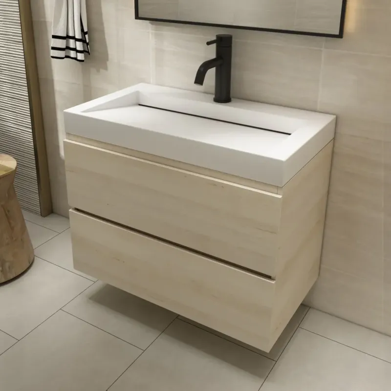 Speciale Aanbieding Fontana Elena badkamermeubel 80cm beach eiken met solid surface wastafel 1 kraangat