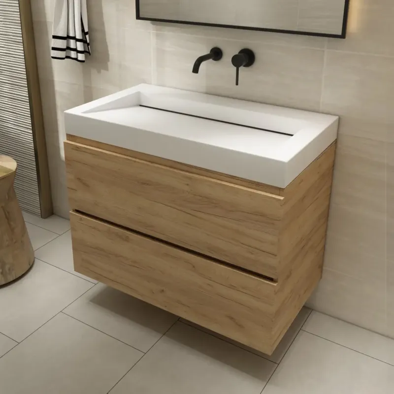 Fontana Elena badkamermeubel 80cm warm eiken met solid surface wastafel zonder kraangat Speciale Aanbieding