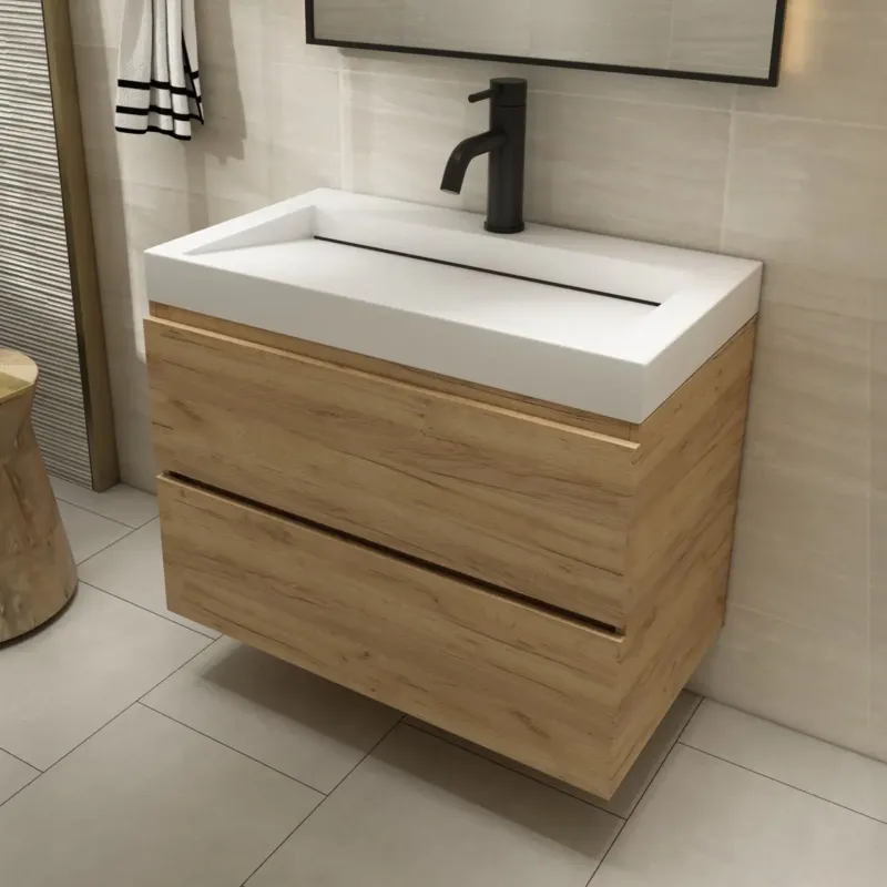 Hete Deal Fontana Elena badkamermeubel 80cm warm eiken met solid surface wastafel 1 kraangat