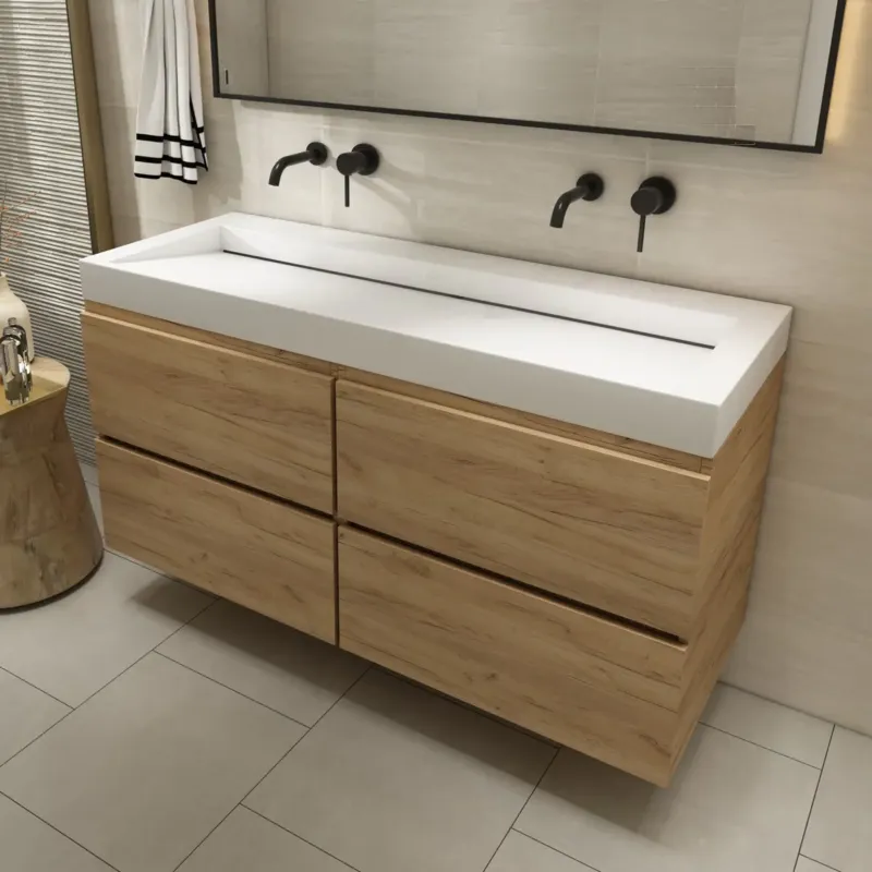 Must-Have Fontana Elena badkamermeubel 120cm warm eiken met solid surface wastafel zonder kraangaten