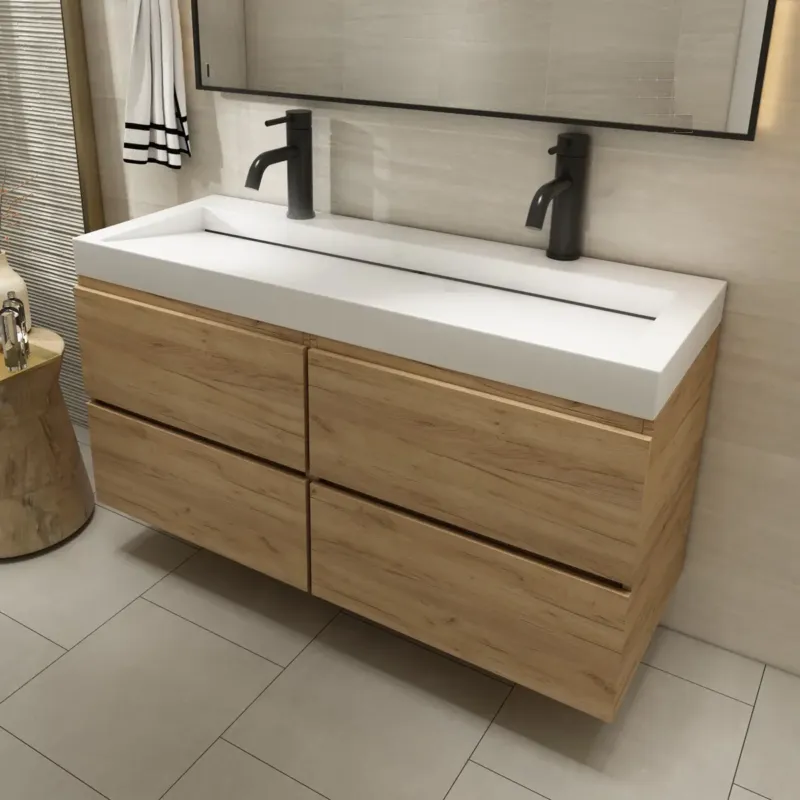 Betaalbaar Fontana Elena badkamermeubel 120cm warm eiken met solid surface wastafel 2 kraangaten