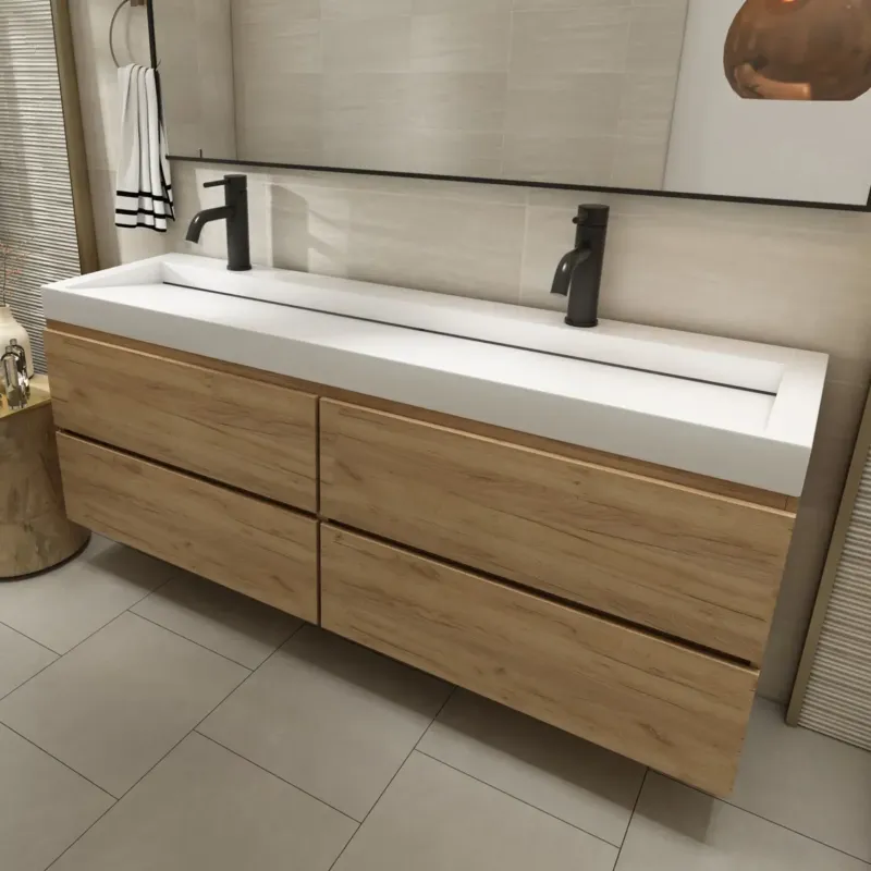 Laatste Versie Fontana Elena badkamermeubel 160cm warm eiken met solid surface wastafel 2 kraangaten