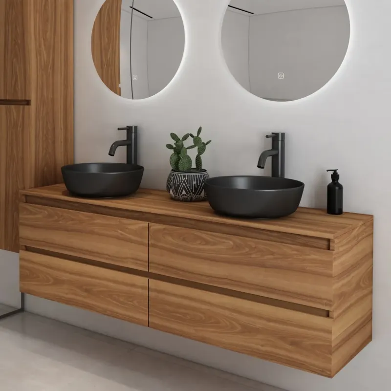 Fontana Proma badmeubel 160cm met zwarte waskommen walnoot Seizoensaanbieding