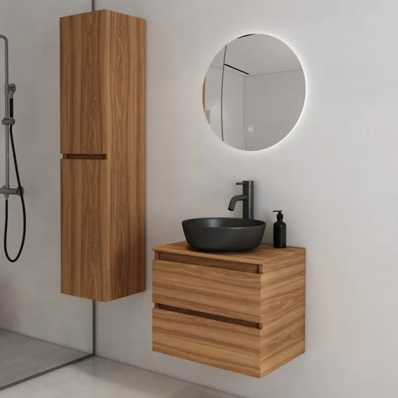 Alleen Vandaag Fontana Proma badkamermeubel 60cm met zwarte waskom en LED spiegel walnoot