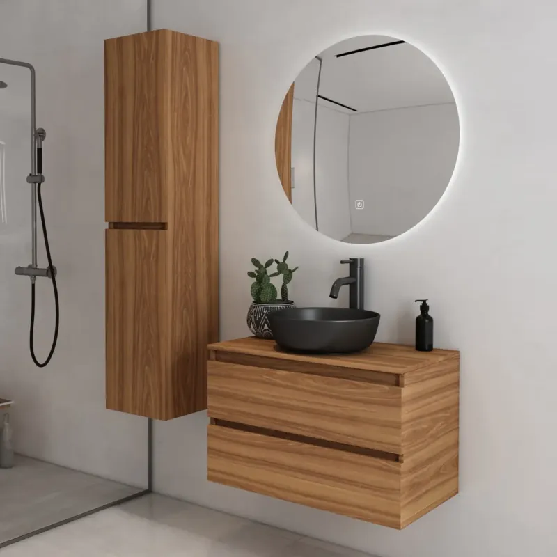 Fontana Proma badkamermeubel 80cm met zwarte waskom en LED spiegel walnoot Dagaanbieding
