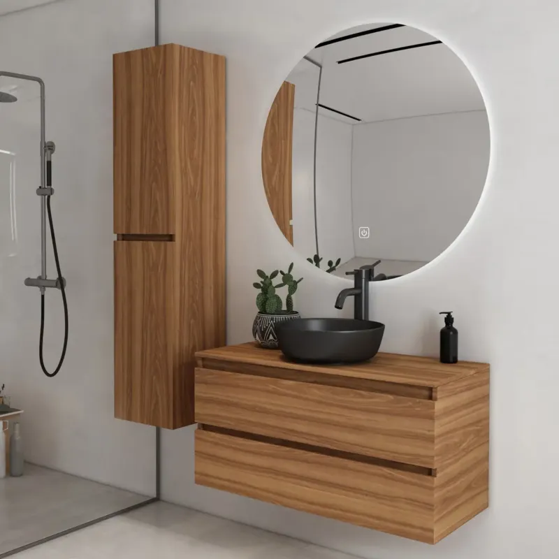 Fontana Proma badkamermeubel 100cm met zwarte waskom en LED spiegel walnoot Direct Verzonden