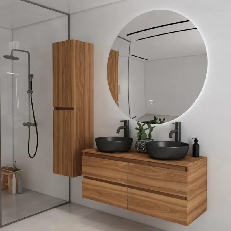 Veilige Betaling Fontana Proma badkamermeubel 120cm met zwarte waskommen en LED spiegel walnoot