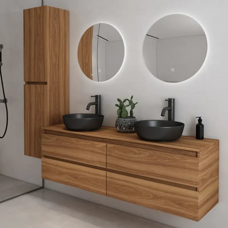 Actieprijs Fontana Proma badkamermeubel 160cm met zwarte waskommen en LED spiegels walnoot