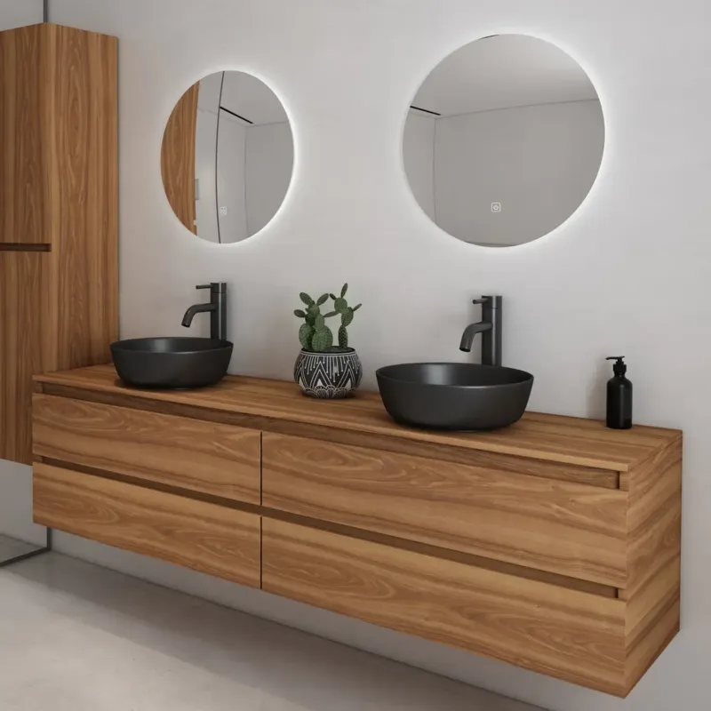 Fontana Proma badkamermeubel 200cm met zwarte waskommen en LED spiegels walnoot Direct Beschikbaar