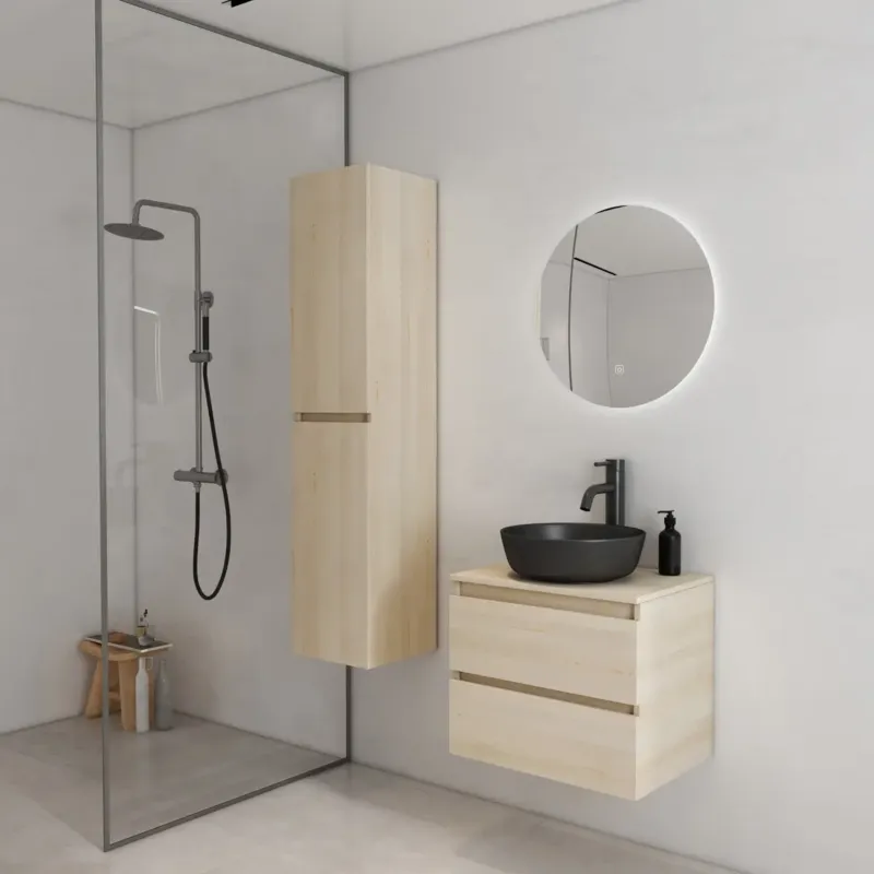 Bestseller Fontana Proma badkamermeubel 60cm met zwarte waskom en LED spiegel beach eiken