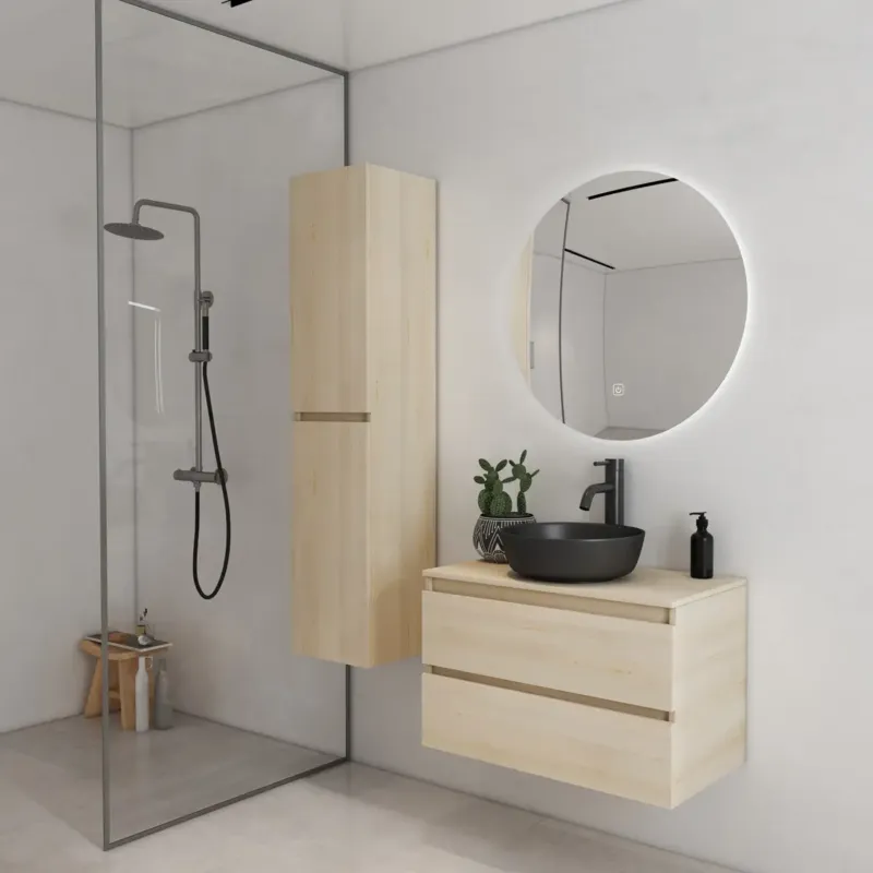 Fontana Proma badkamermeubel 80cm met zwarte waskom en LED spiegel beach eiken Snelle Levering