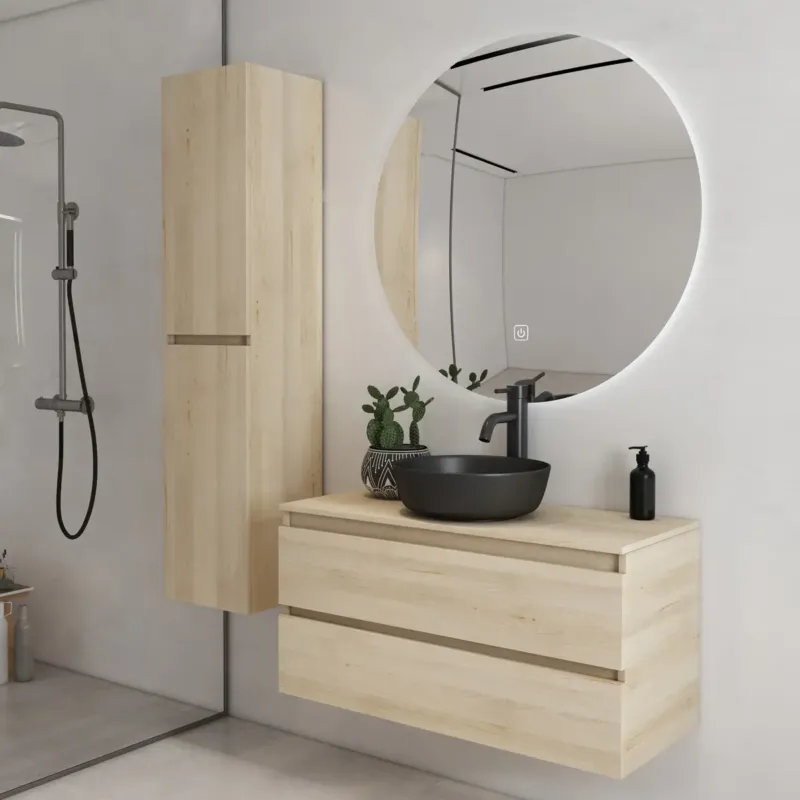 Fontana Proma badkamermeubel 100cm met zwarte waskom en LED spiegel beach eiken Speciale Aanbieding