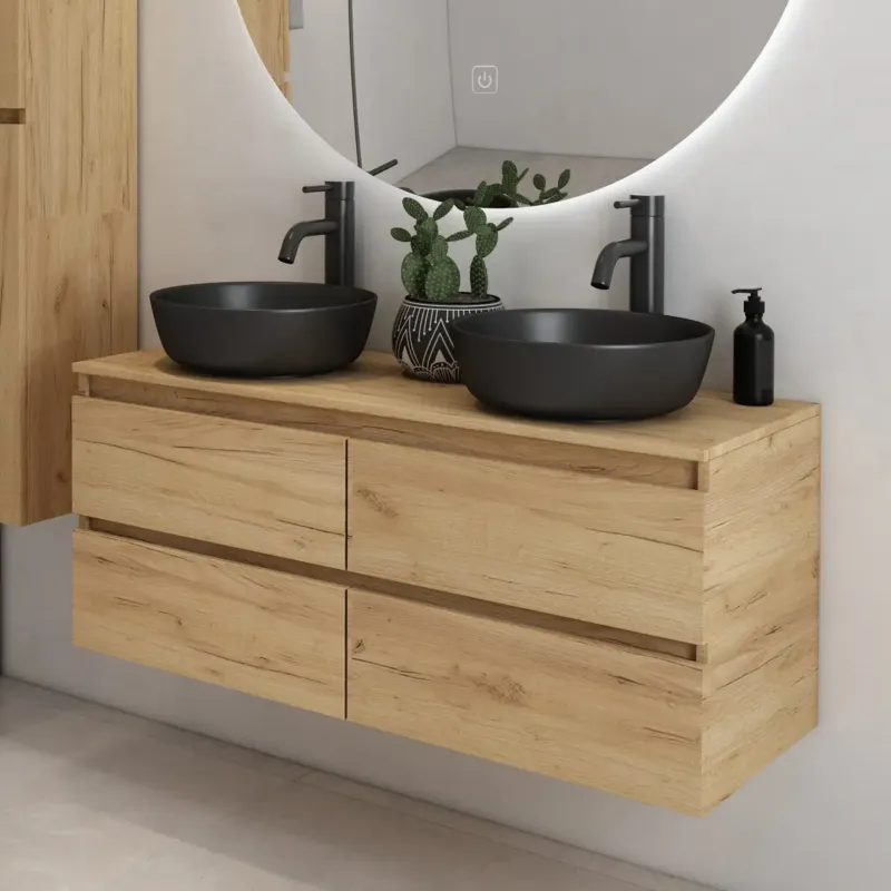 Fontana Proma badmeubel 120cm met zwarte waskommen warm eiken Alleen Vandaag