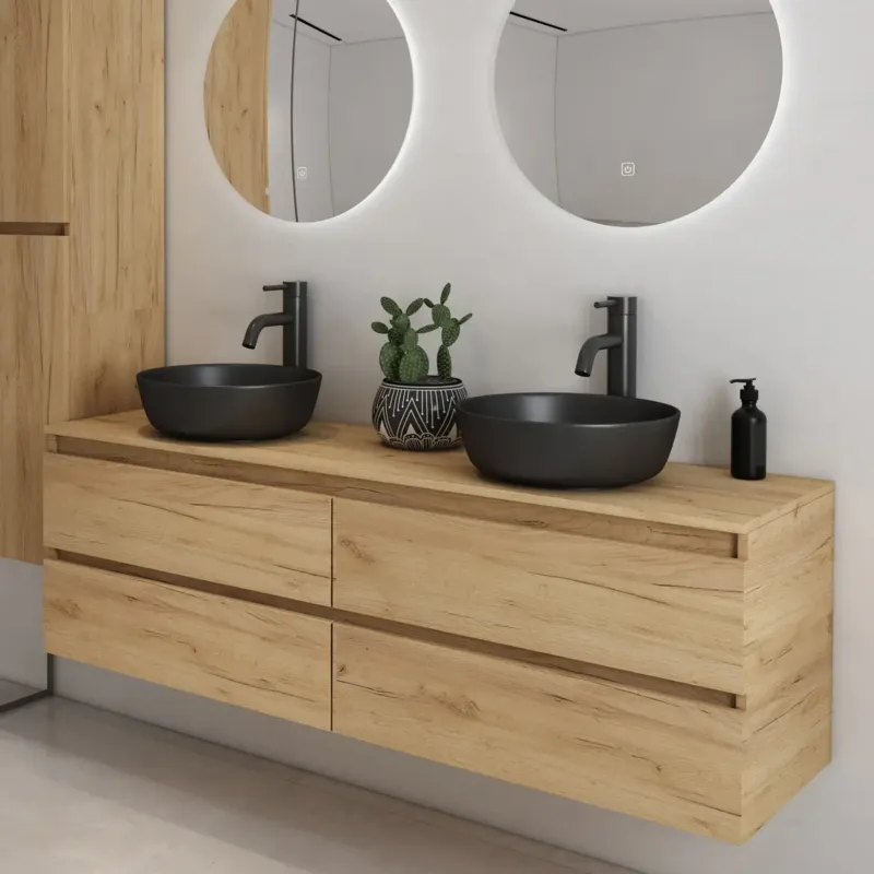 Fontana Proma badmeubel 160cm met zwarte waskommen warm eiken Gratis Retour
