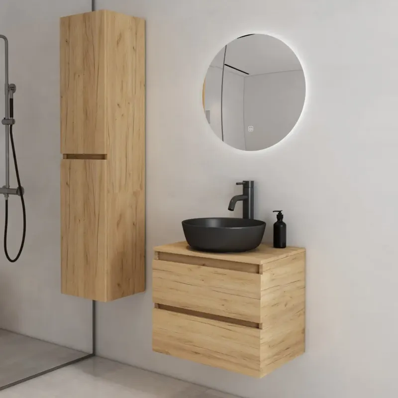 Fontana Proma badkamermeubel 60cm met zwarte waskom en LED spiegel warm eiken Express Levering