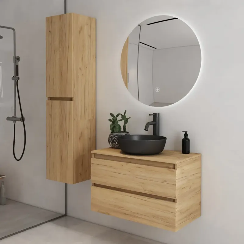 Fontana Proma badkamermeubel 80cm met zwarte waskom en LED spiegel warm eiken Gereduceerde Prijs