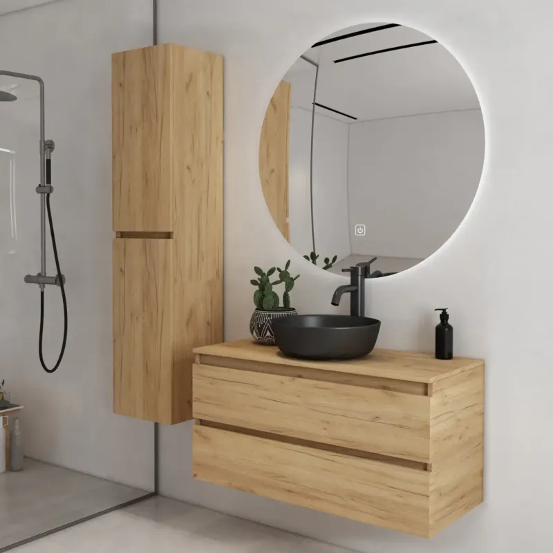 Fontana Proma badkamermeubel 100cm met zwarte waskom en LED spiegel warm eiken Must-Have