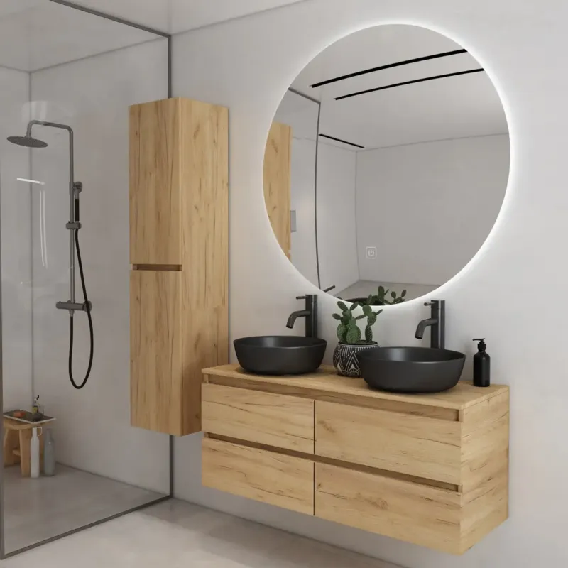 Fontana Proma badkamermeubel 120cm met zwarte waskommen en LED spiegel warm eiken Weekendaanbieding