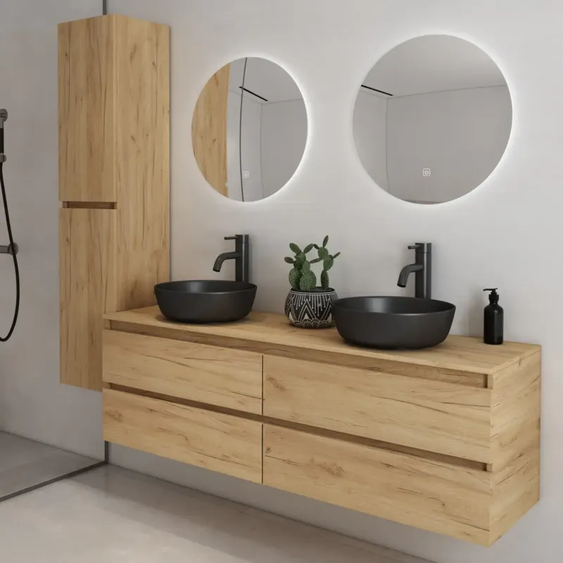 Betrouwbaar Fontana Proma badkamermeubel 160cm met zwarte waskommen en LED spiegels warm eiken