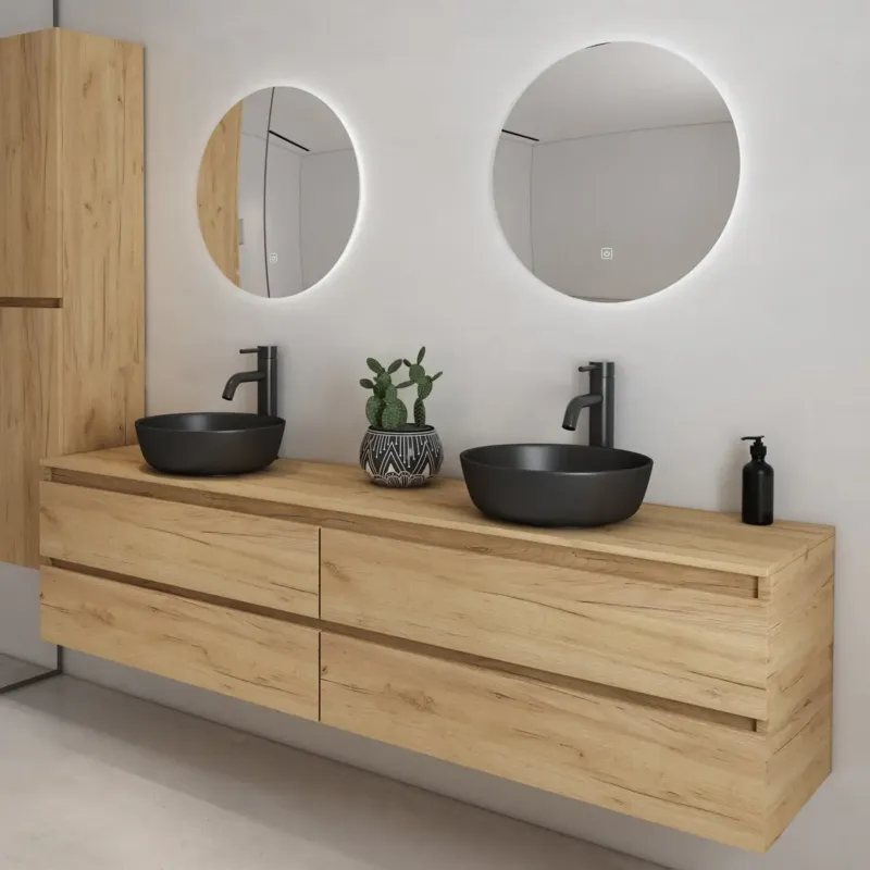 Hoge Kwaliteit Fontana Proma badkamermeubel 200cm met zwarte waskommen en LED spiegels warm eiken