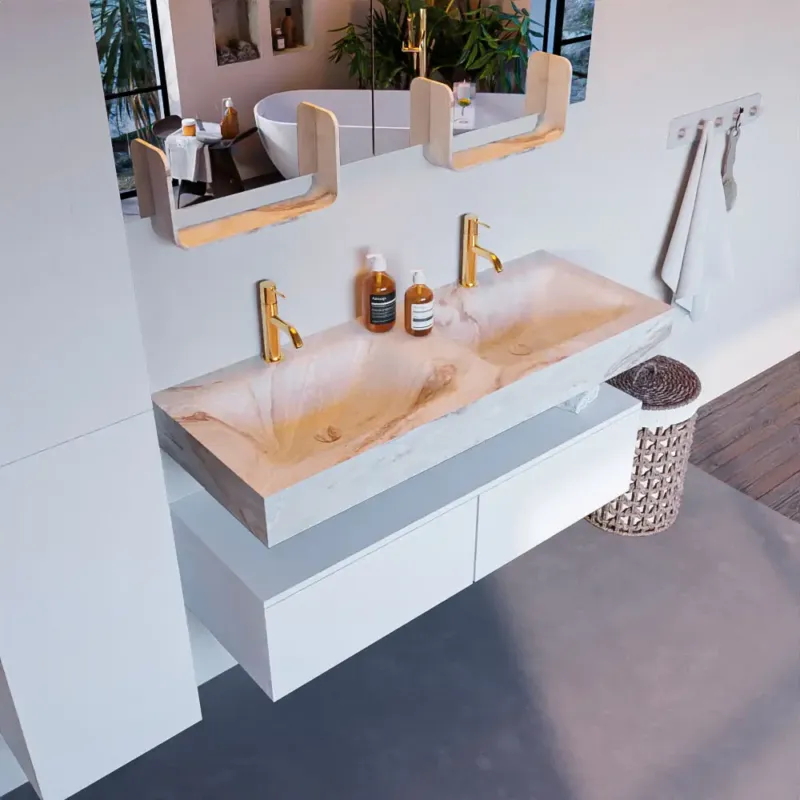 Flitsaanbieding Mondiaz Alan DLux badmeubel 120cm talc 2 lades met wastafel frappe dubbel 2 kraangaten
