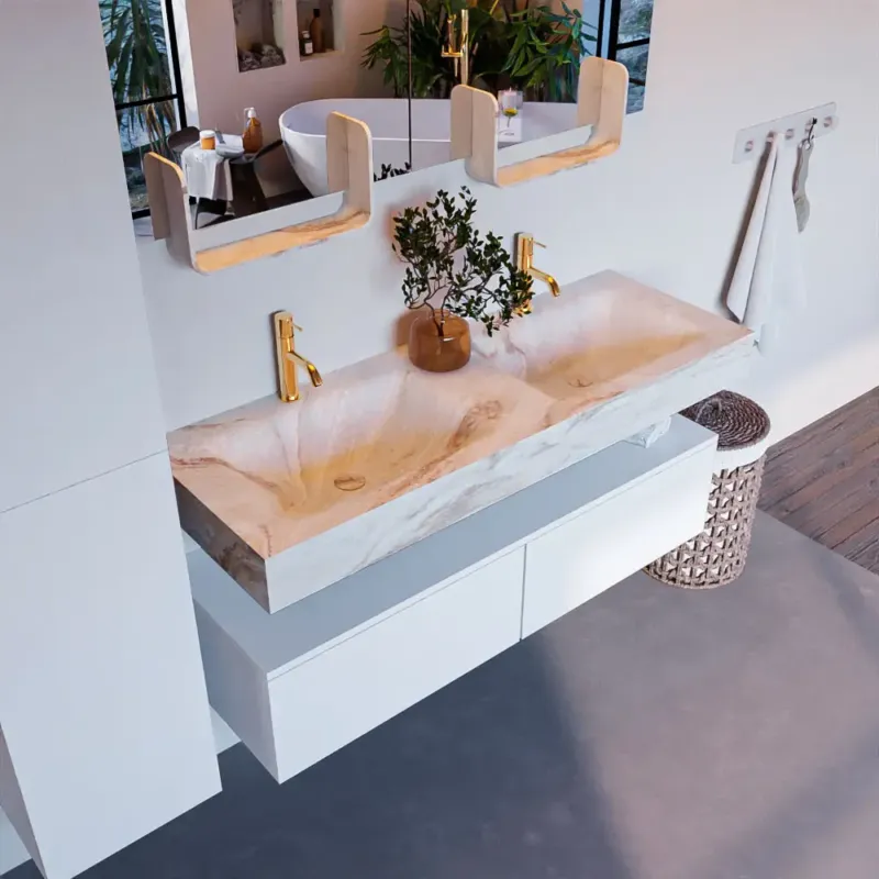 Flitsaanbieding Mondiaz Alan DLux badmeubel 130cm talc 2 lades met wastafel frappe dubbel 2 kraangaten