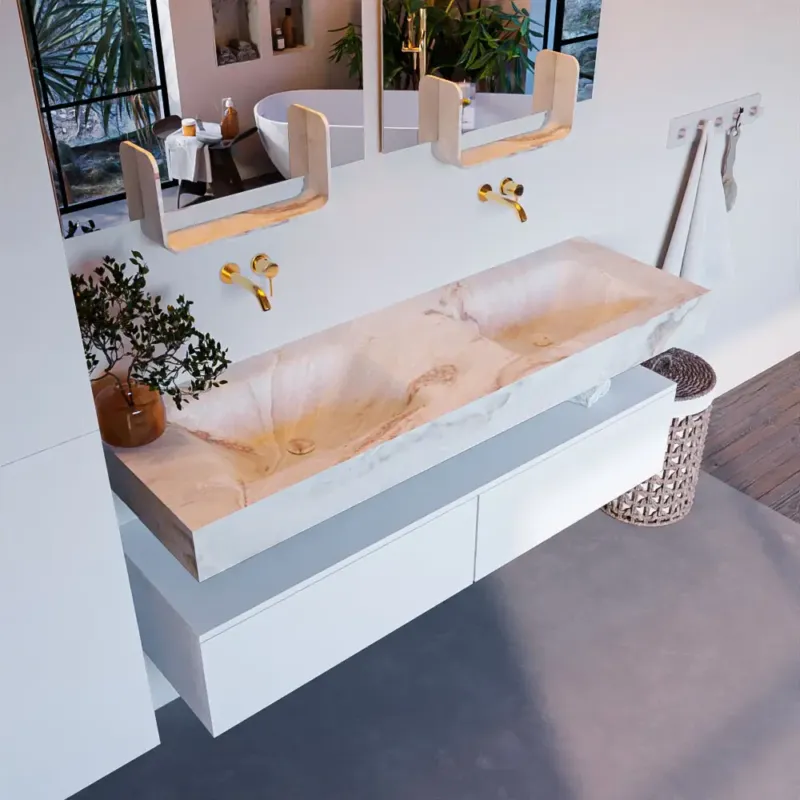 Speciale Aanbieding Mondiaz Alan DLux badmeubel 150cm talc 2 lades met wastafel frappe dubbel zonder kraangat