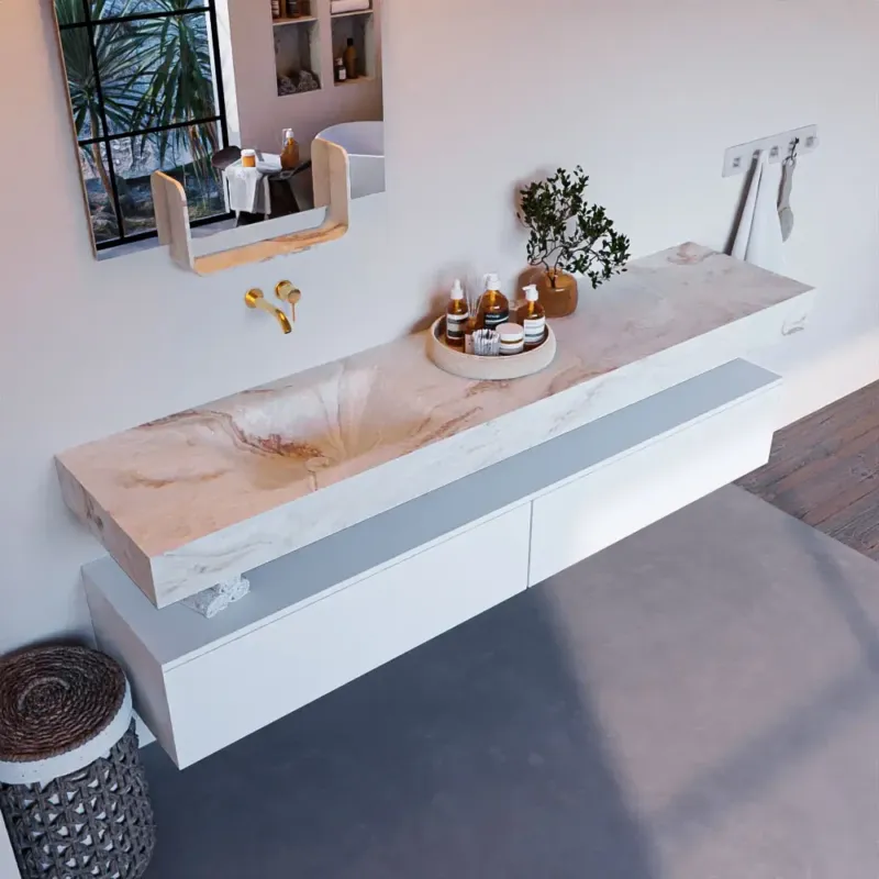 Aanbieding Mondiaz Alan DLux badmeubel 200cm talc 2 lades met wastafel frappe links zonder kraangat